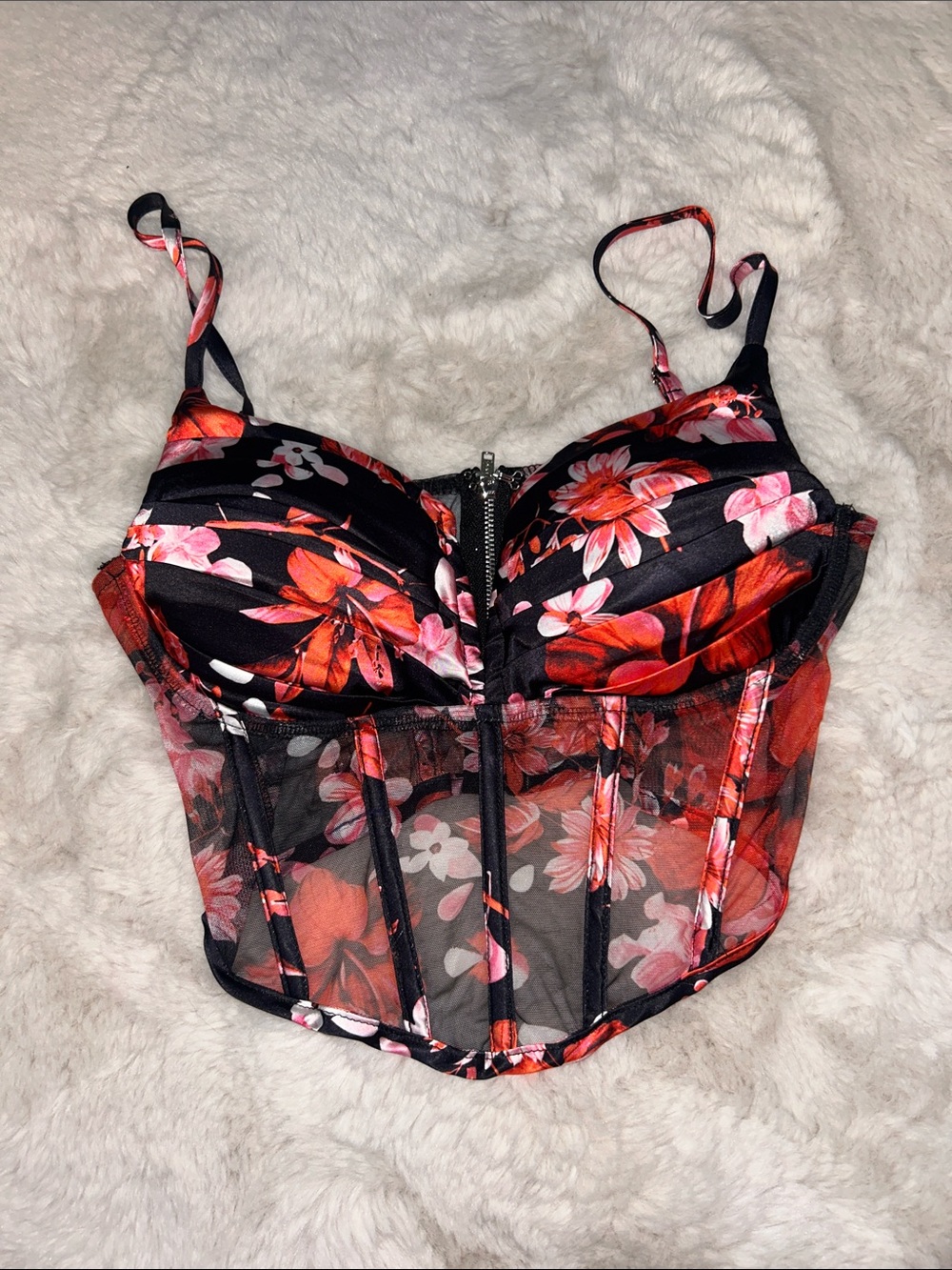 AKIRA Black Floral Zip-Front Bustier Crop Top with Red Pink Flowers